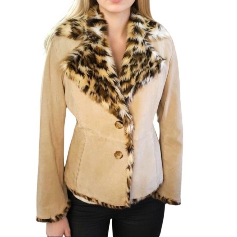 VTG GUESS Beige SUEDE LEATHER Tie Sleeve LEOPARD FAUX FUR 2-Buttons JACKET Sz M